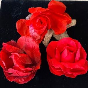 Set of 3 Vintage Red Millinery Roses: 2 Brooches & 1 Hair Ornament